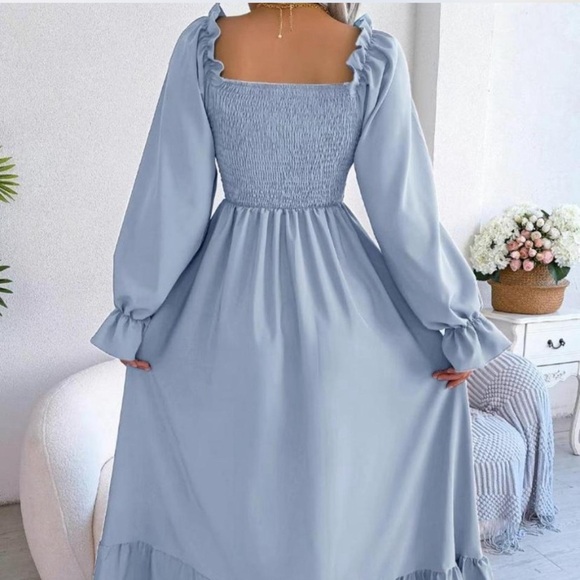 Women’s Solid Long Sleeve Square Neck Ruffle Hem A Line Dress - Picture 3 of 3